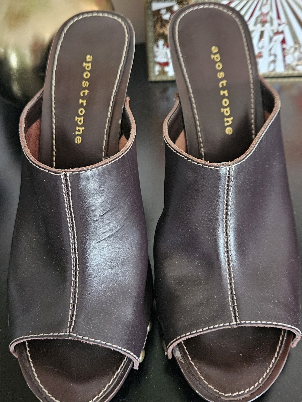 Apostrophe Brown Leather Open-Toe Mule, Sz 9